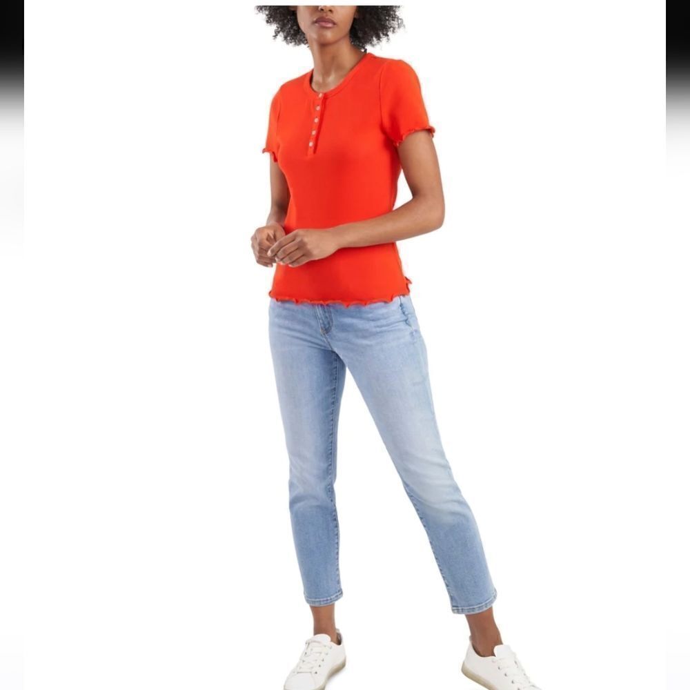 RILEY & RAE WOMEN'S STRETCH RIBBED LETTUCE EDGE  HENLEY SHORT SLEEVE Size M